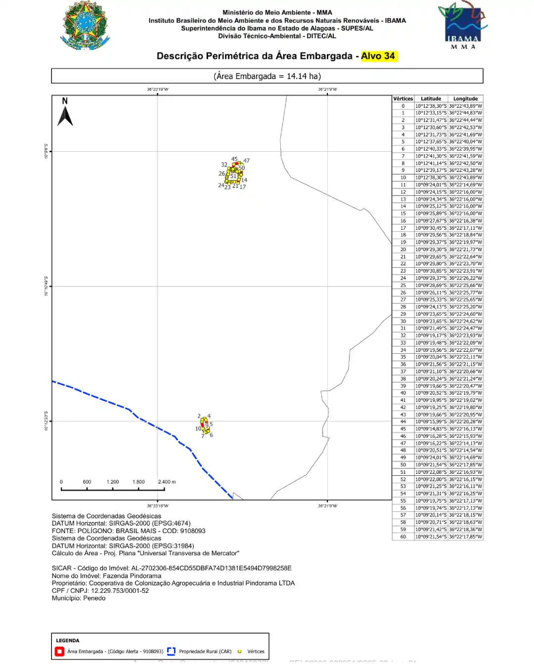 Descrição Perimétrica da Área Embargada (Alvo 34) do IBAMA, mostrando coordenadas geográficas da Fazenda Pindoba em Penedo (AL), com área de 14,14 hectares.