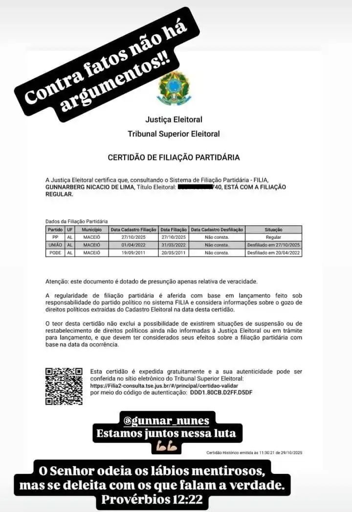 Documento que nega filiação de Gunnar ao PL - @Reprodução