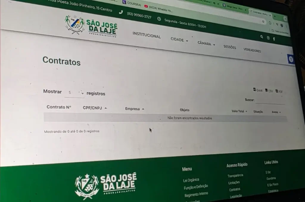 Transparência Zero: Câmara de São José da Laje paga despesas em 2025, mas esconde contratos no Portal