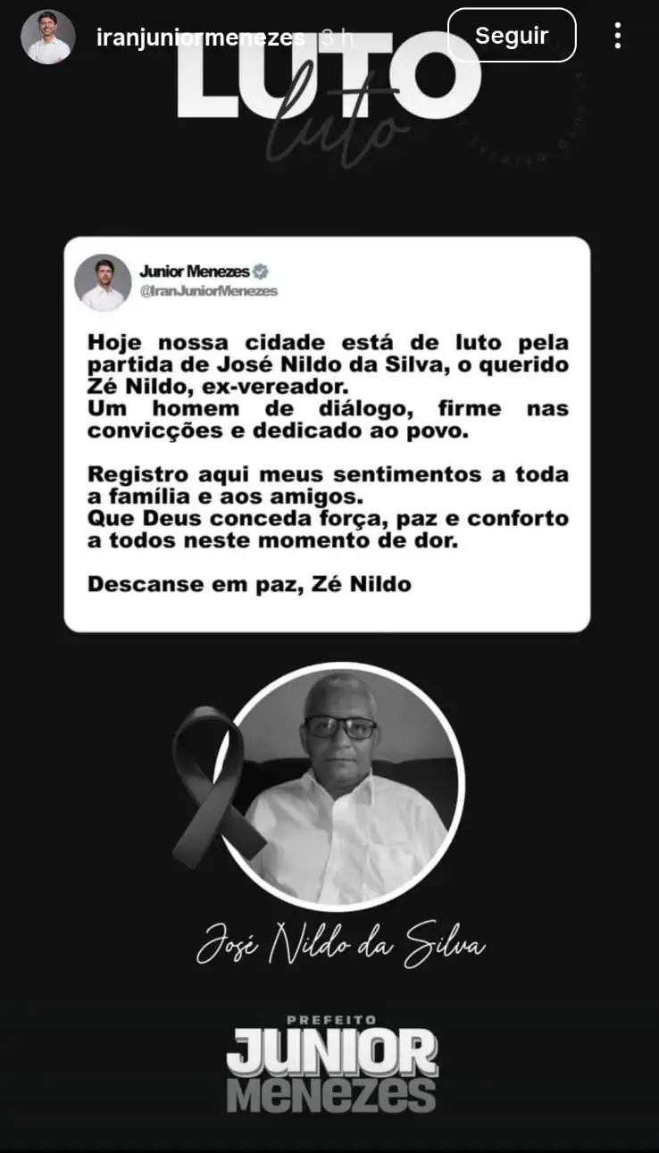 Post publicado pelo prefeito Júnior Menezes nas redes sociais