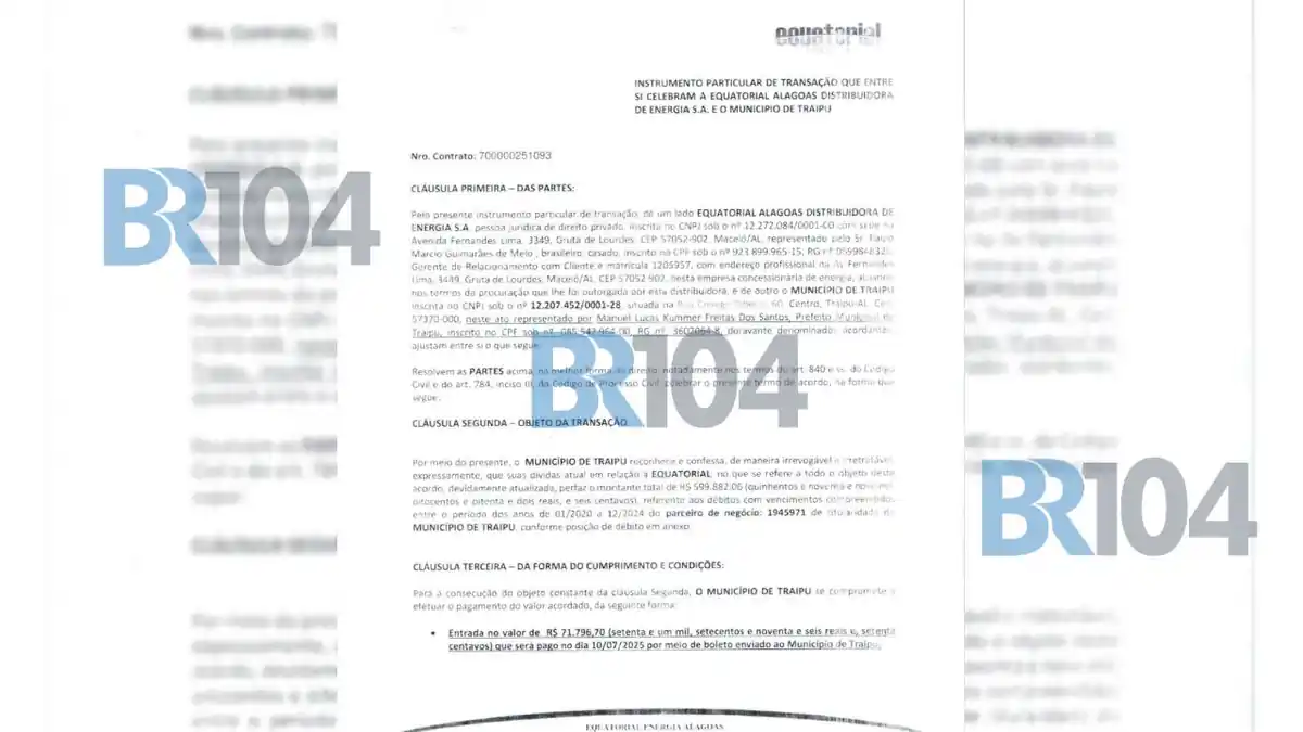 Contrato de confissão de dívida firmado entre a Prefeitura de Traipu e a Equatorial Energia Alagoas, com valores e cláusulas de parcelamento.