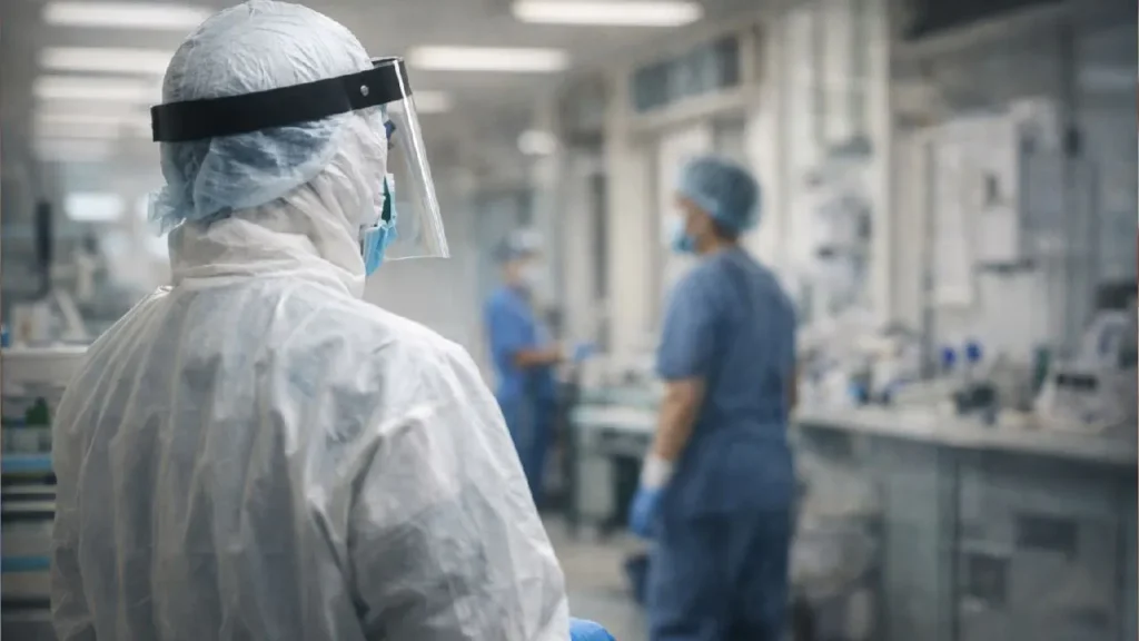 Profissional de saúde com equipamentos de proteção individual em hospital, em contexto de vigilância sanitária e prevenção de doenças.