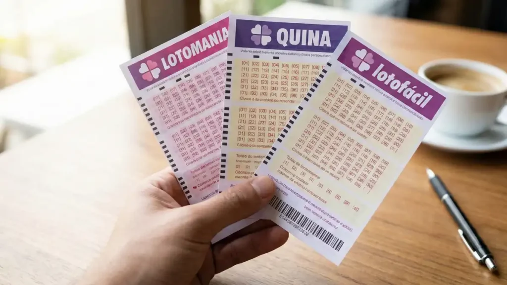 mão segura volantes da Lotomania, Quina e Lotofácil em mesa com xícara de café e caneta ao fundo após anúncio de prêmio acumulado