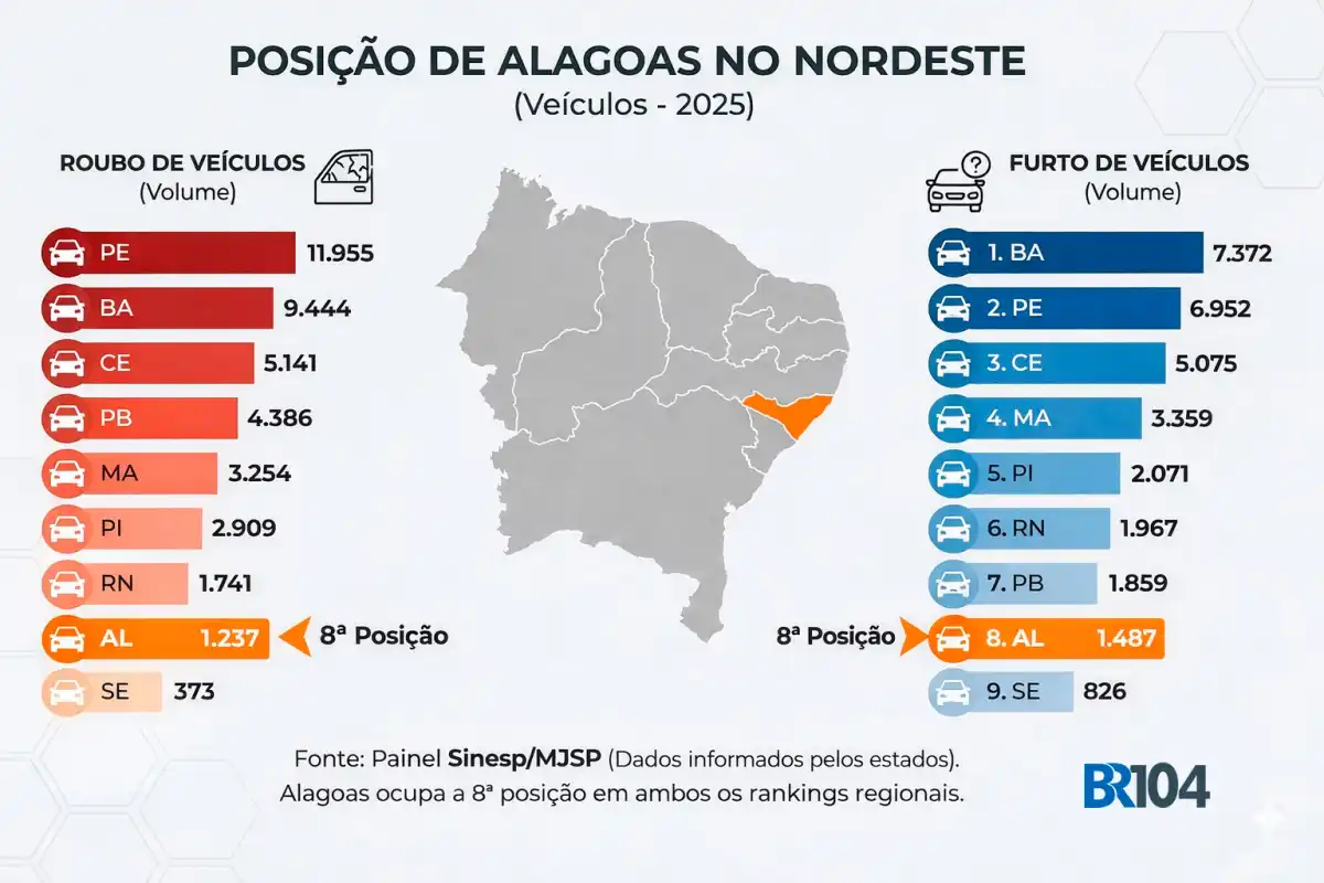 Infográfico mostra Alagoas na 8ª posição no Nordeste em 2025 no ranking de roubo e furto de veículos, com mapa da região e comparativo por estados