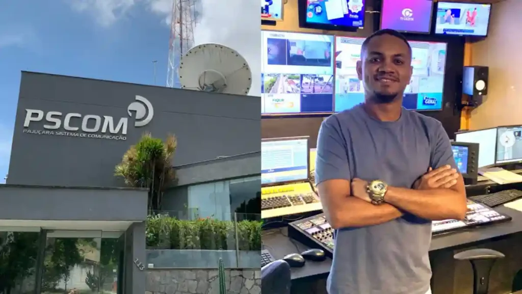 montagem mostra fachada do Sistema Pajuçara (PSCOM) e Alisson Francys em sala de controle com monitores após ser anunciado como novo contratado