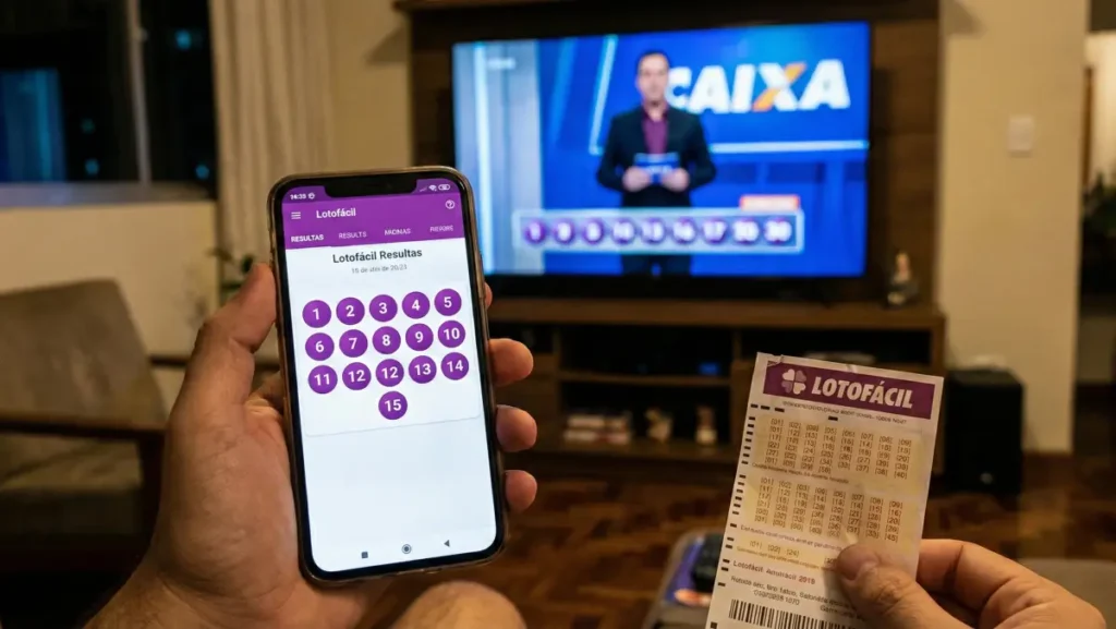 apostador confere resultado da Lotofácil no celular enquanto segura volante da Lotofácil e assiste ao sorteio da Caixa na televisão em casa