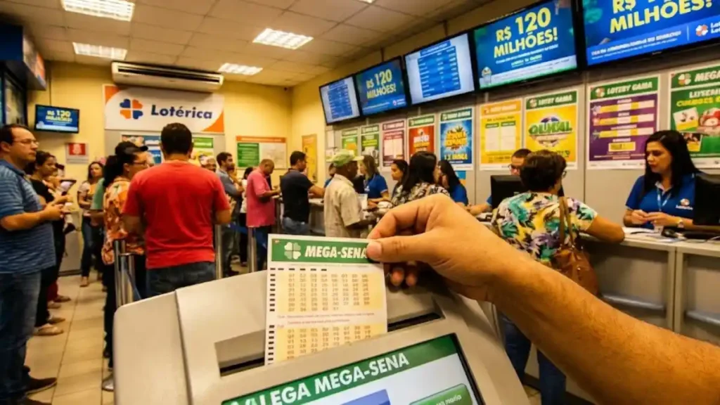 apostador registra volante da Mega-Sena em terminal de autoatendimento dentro de lotérica da Caixa com fila e painéis de prêmios ao fundo