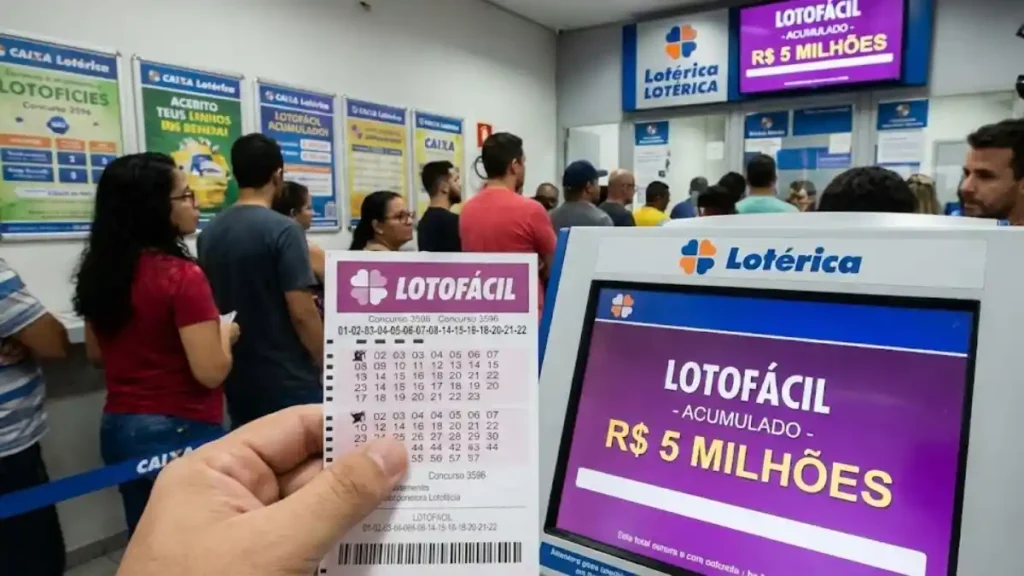 apostador segura volante da Lotofácil em lotérica da Caixa ao lado de terminal com aviso de prêmio acumulado de 5 milhões e fila ao fundo