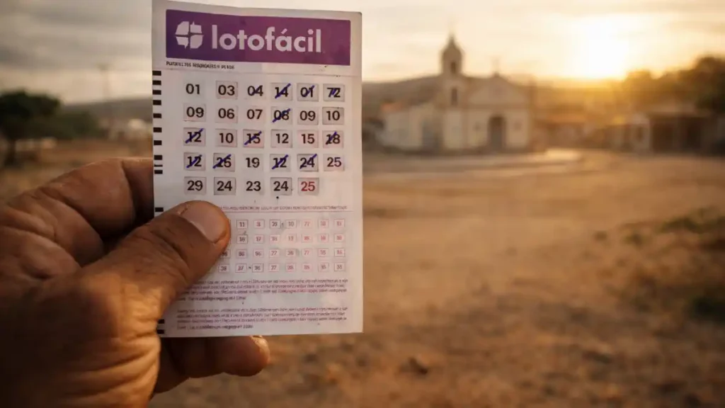 Mão segura bilhete da Lotofácil com números marcados ao pôr do sol, com igreja ao fundo, em imagem ilustrativa de aposta e resultado