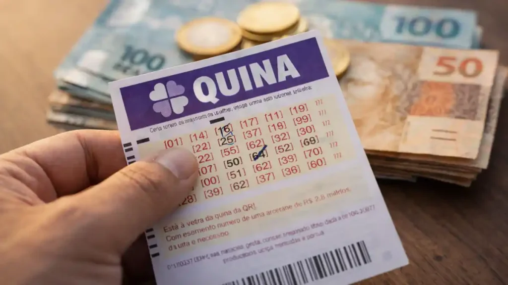Mão segura bilhete da Quina enquanto cédulas de 50 e 100 reais e moedas aparecem ao fundo, em imagem ilustrativa de aposta e prêmio
