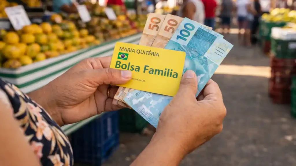 Beneficiária segura cartão do Bolsa Família e cédulas de 50 e 100 reais em feira livre, em imagem ilustrativa do pagamento do benefício