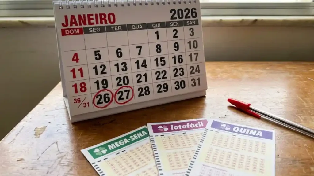 calendário de janeiro de 2026 sobre mesa com datas circuladas ao lado de volantes da Mega-Sena, Lotofácil e Quina e caneta vermelha