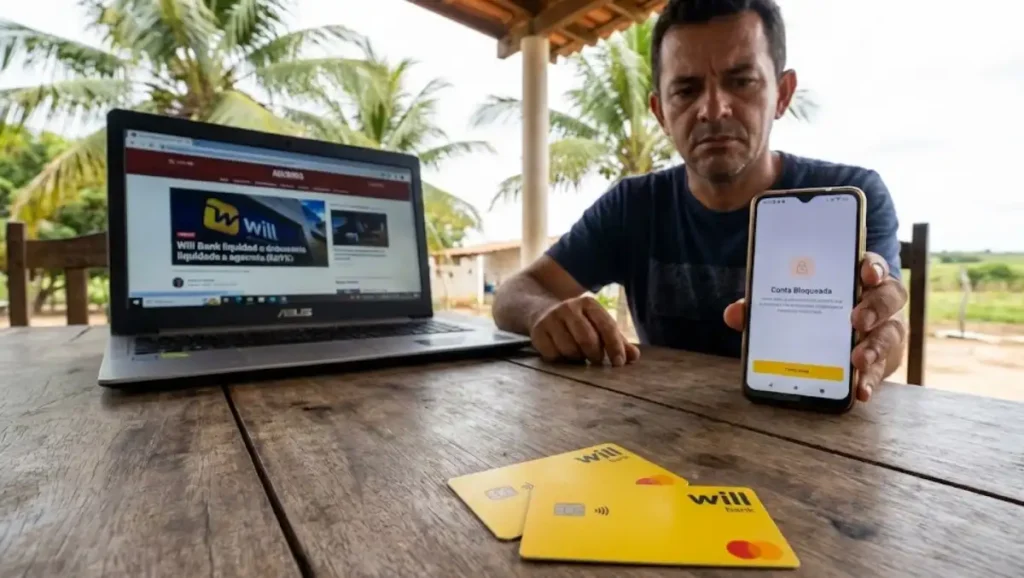 Cliente do Will Bank mostra no celular mensagem de conta bloqueada em mesa com cartões do banco e notebook ao fundo