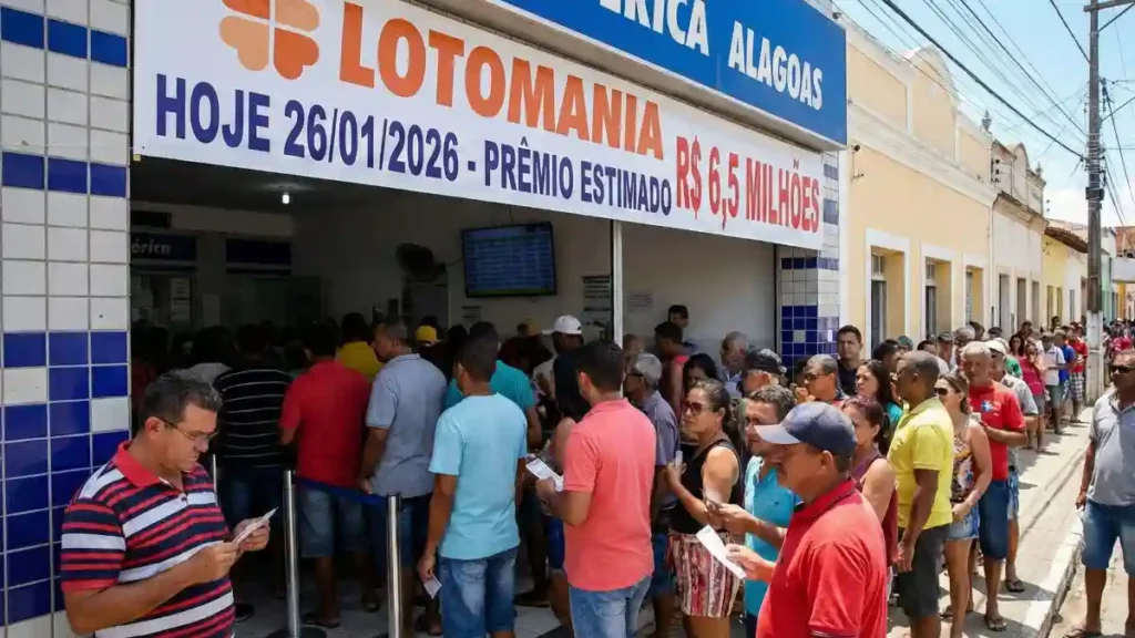 fila de apostadores em lotérica de Alagoas com faixa anunciando Lotomania e prêmio estimado de 6,5 milhões no dia 26/01/2026
