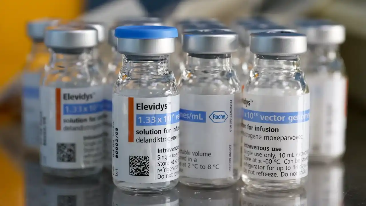 frascos do medicamento Elevidys para infusão intravenosa alinhados em bancada com rótulos visíveis em ambiente de laboratório frascos do medicamento Elevidys para infusão intravenosa alinhados em bancada com rótulos visíveis em ambiente de laboratório