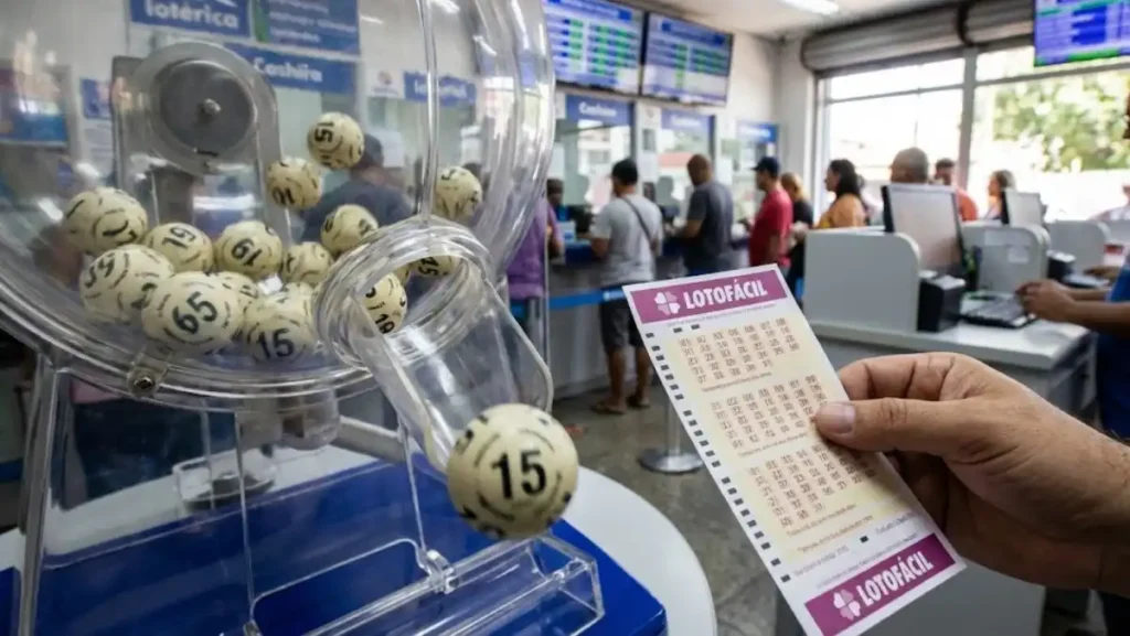 globo de sorteio com bolas numeradas ao lado de apostador segurando volante da Lotofácil dentro de lotérica da Caixa