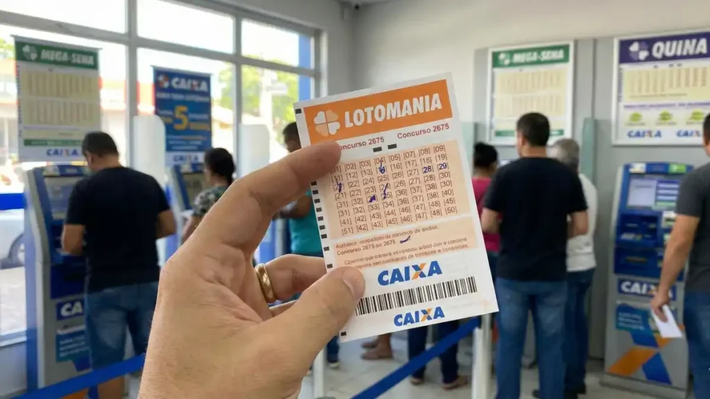 mão segura comprovante da Lotomania dentro de lotérica da Caixa com apostadores e terminais de autoatendimento ao fundo