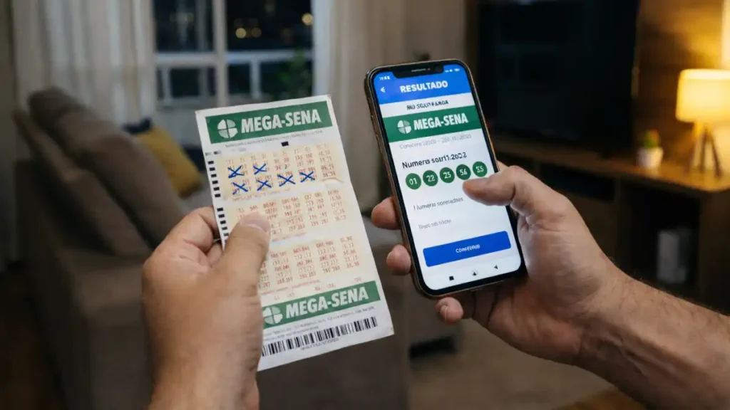 Pessoa segura bilhete da Mega-Sena e confere o resultado no celular em casa, com números sorteados na tela