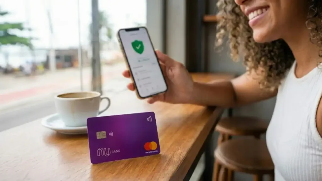 mulher usa celular com aplicativo financeiro enquanto cartão do Nubank está sobre mesa de madeira ao lado de xícara de café