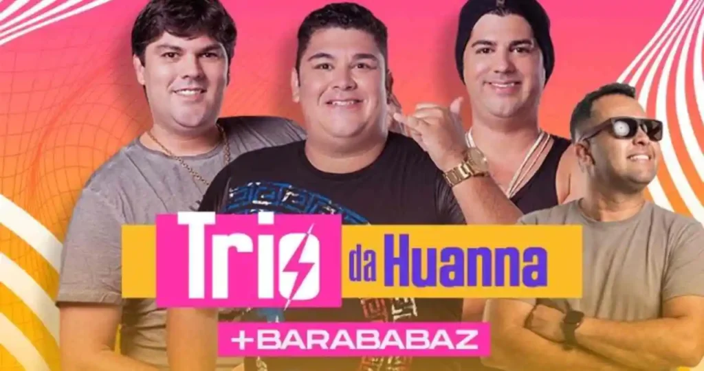 Cartaz promocional do evento Mundaú Folia 2026 em Santana do Mundaú. O fundo é rosa vibrante com ondas brancas. No topo, lê-se "Quarta-feira de Cinzas, 18.Fev". No centro, as fotos dos integrantes da banda Trio da Huanna e do grupo Barababaz. Abaixo, o logotipo da Prefeitura de Santana do Mundaú.