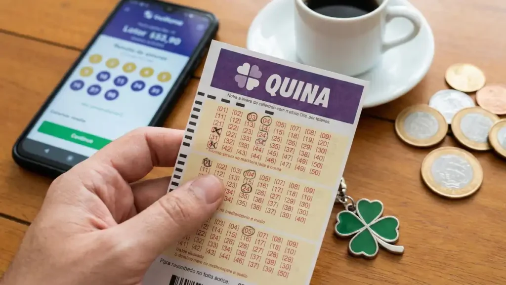 mão segura volante da Quina em mesa com celular exibindo resultados, xícara de café e moedas ao lado