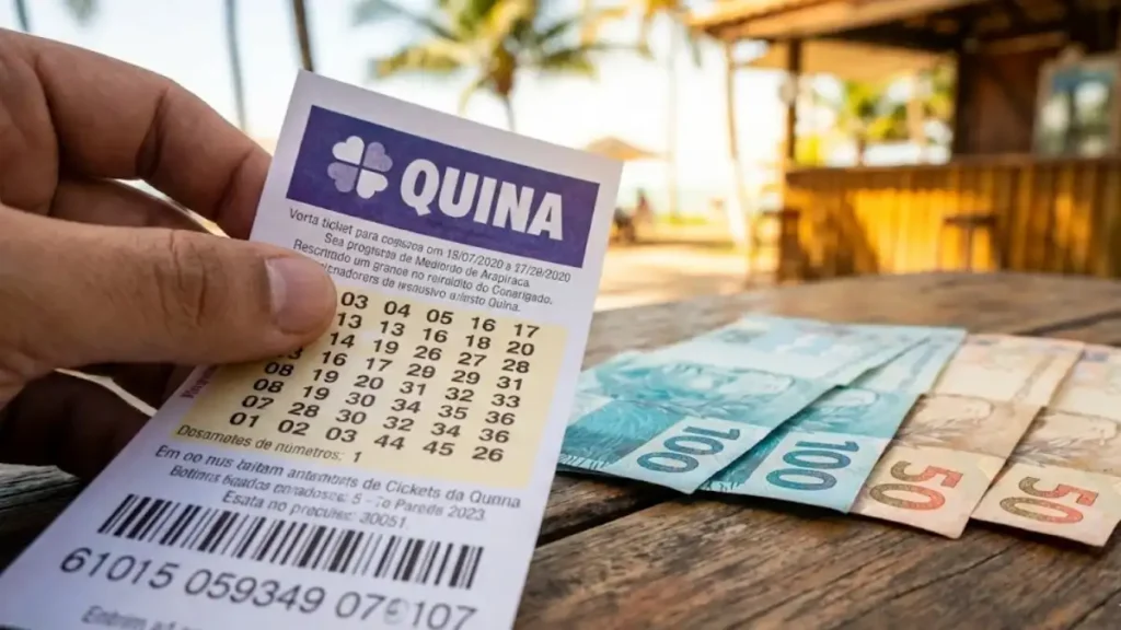 mão segura volante da Quina da Caixa ao lado de cédulas de real sobre mesa de madeira em cenário de praia