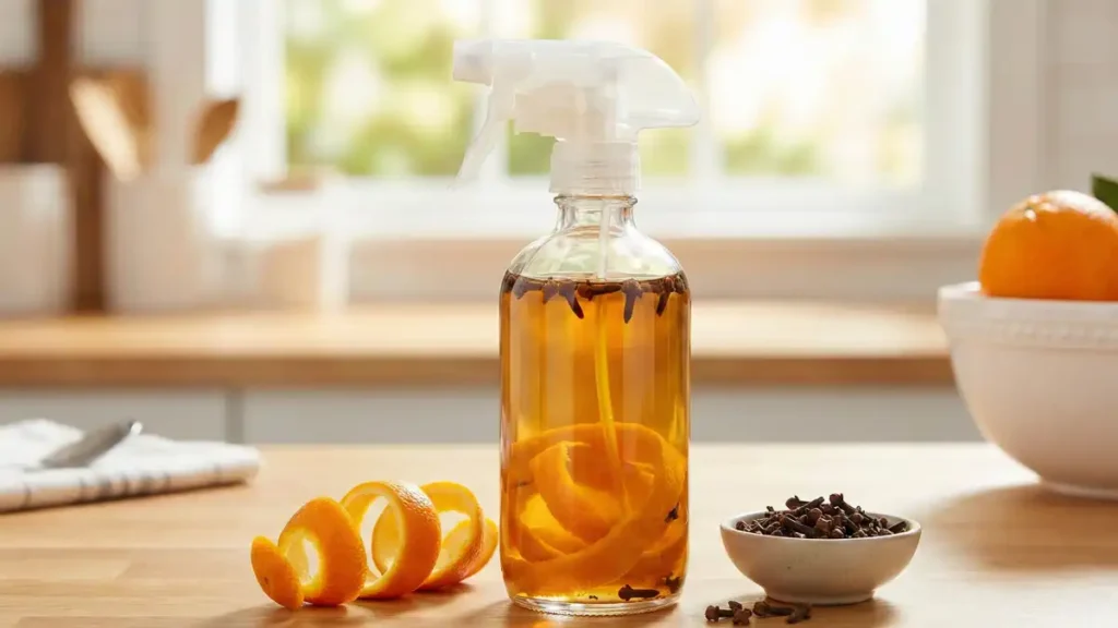Frasco spray com aromatizador caseiro de laranja e cravo sobre bancada da cozinha, com cascas de laranja e cravos ao lado