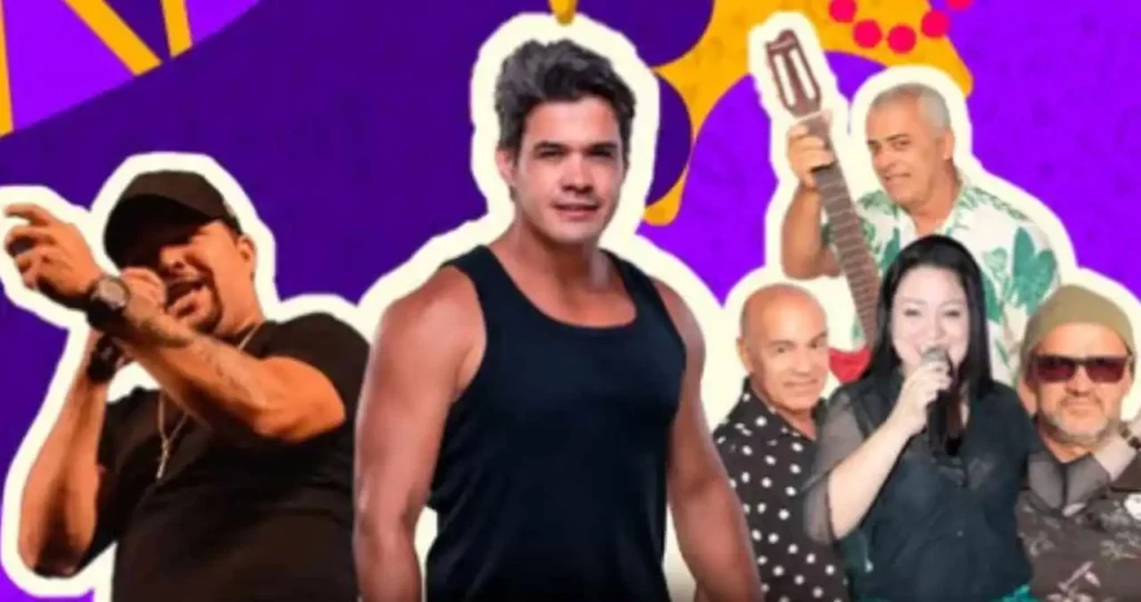 Cartaz oficial do Barra Folia 2026 em União dos Palmares. O fundo é roxo com ilustrações de tambores, confetes e uma máscara de carnaval dourada e roxa. No centro, fotos dos artistas: DJ Luan Love à esquerda, Eduardo Pollozzi em destaque ao meio e a Banda Contágio Tropical à direita. No topo, o logotipo "Barra Folia 2026" sobre um sol amarelo.