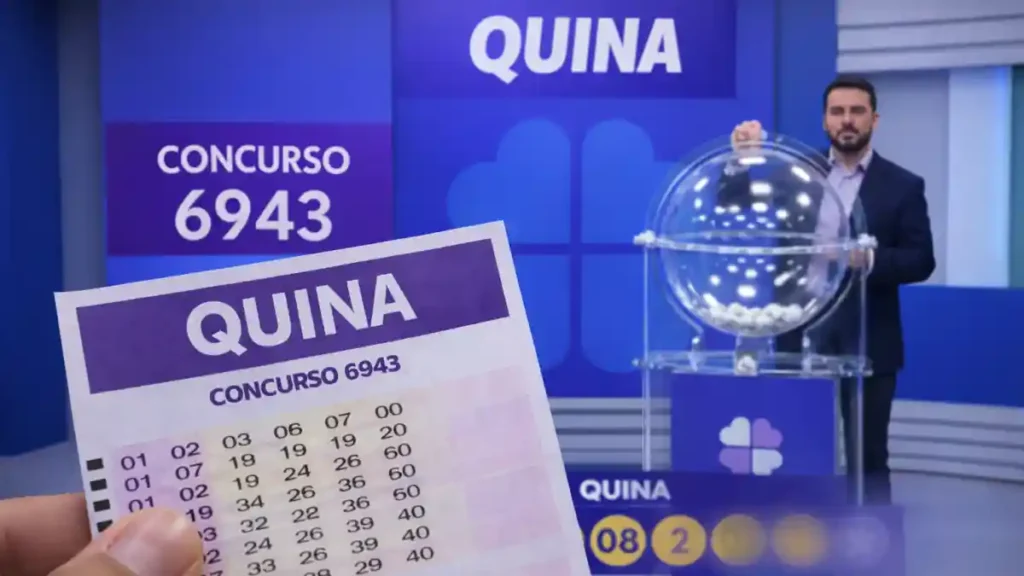 Bilhete da Quina em primeiro plano diante da tela com sorteio da Caixa e indicação do concurso 6943