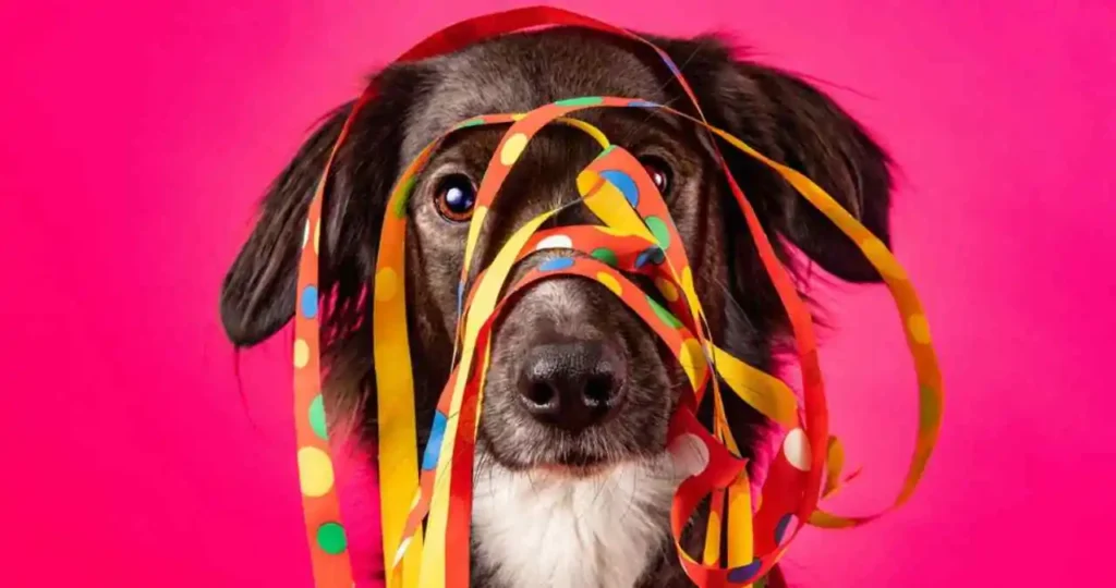 Close-up de um cachorro de pelagem escura e peito branco, olhando atentamente para a câmera. O animal está com o rosto e as orelhas envoltos em serpentinas coloridas (amarelo, vermelho, verde e azul) sobre um fundo rosa vibrante.