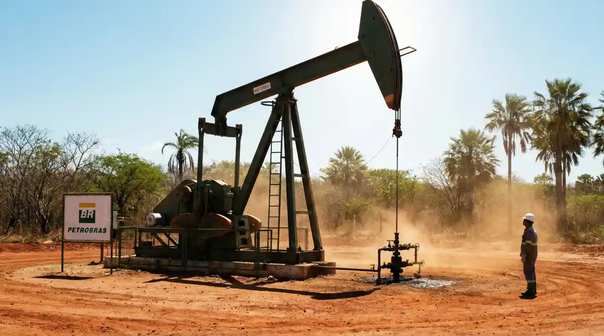 Bomba de extração de petróleo em operação em área de terra, com trabalhador usando capacete ao lado e placa da Petrobras ao fundo
