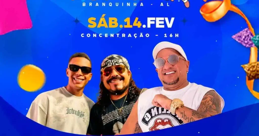 Cartaz de divulgação do Bloco Vou Furar para o Carna Branquinha 2026. O fundo é azul vibrante com confetes e serpentinas coloridas. No topo, uma ilustração de uma enfermeira segurando uma seringa. Abaixo, fotos dos integrantes das bandas Cajubanda e O Rodo da Bahia, três homens sorridentes. Texto centralizado indica "Sáb. 14.Fev, Concentração 16h".