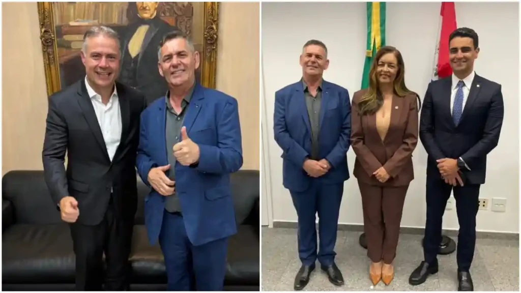 Montagem de duas fotos mostra Geo Cruz em Brasília: à esquerda, ele posa ao lado de Renan Filho em um gabinete; à direita, aparece com JHC e Eudócia Caldas em uma sala oficial, com bandeiras ao fundo.