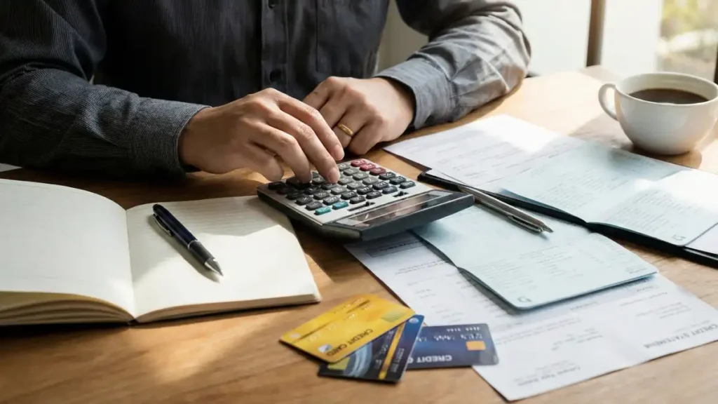 Pessoa calcula contas com calculadora ao lado de faturas e cartões de crédito sobre a mesa