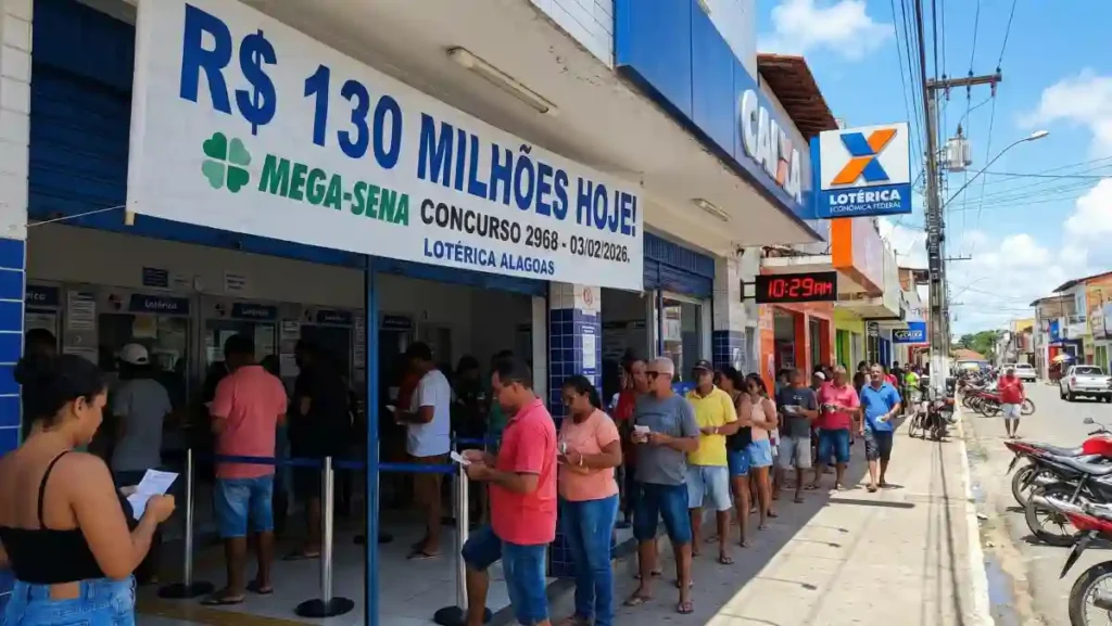 Fila de apostadores em frente a lotérica da Caixa em Alagoas com faixa anunciando Mega-Sena de R$ 130 milhões