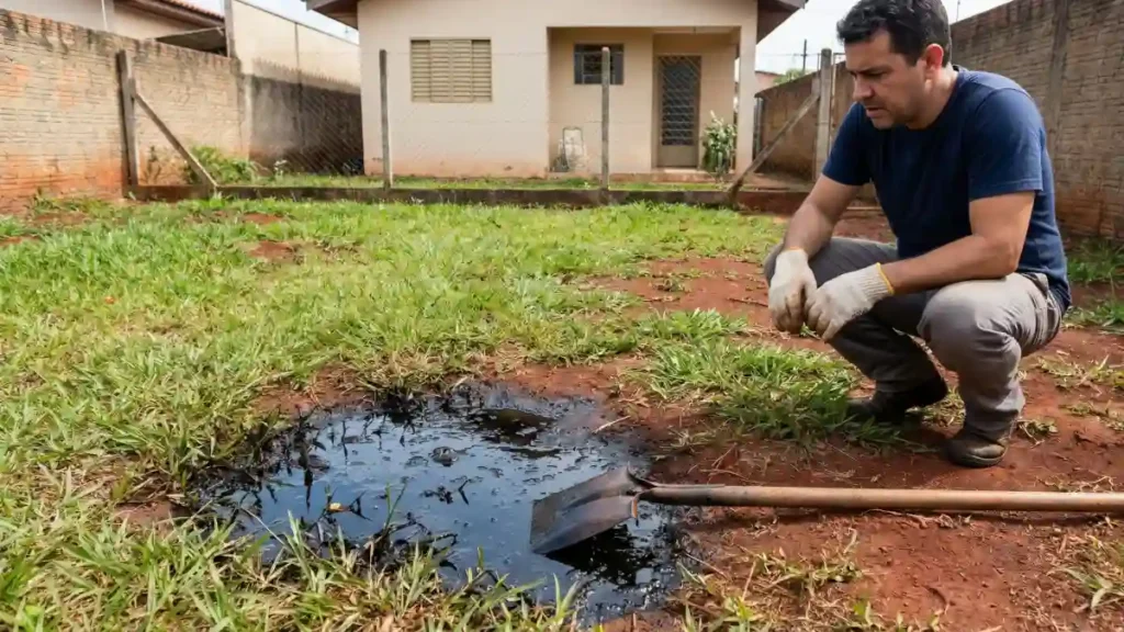 Homem com luvas agachado em quintal observa poça escura no chão, com pá apoiada ao lado e casa ao fundo