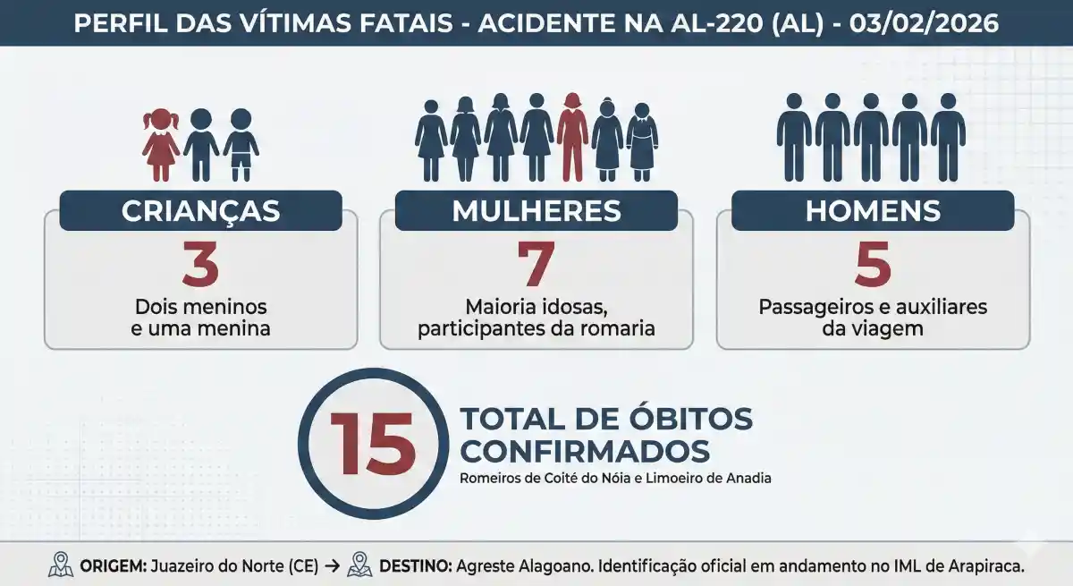 Infográfico mostra perfil das vítimas fatais do acidente na AL-220 em 03/02/2026 com 3 crianças 7 mulheres e 5 homens e total de 15 óbitos confirmados Infográfico mostra perfil das vítimas fatais do acidente na AL-220 em 03/02/2026 com 3 crianças 7 mulheres e 5 homens e total de 15 óbitos confirmados