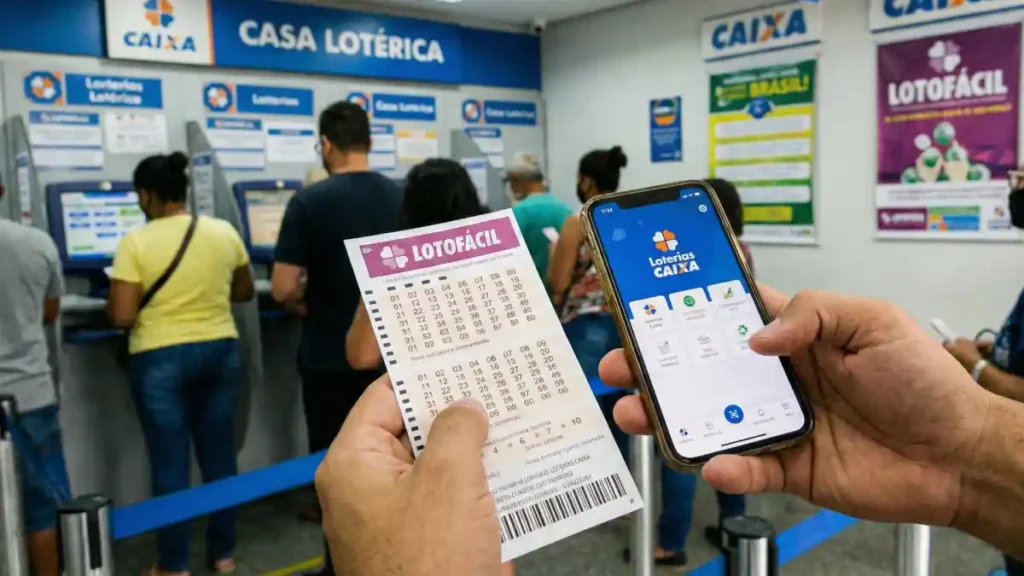 Pessoa segura volante da Lotofácil e celular com o app Loterias CAIXA dentro de uma casa lotérica, com clientes ao fundo