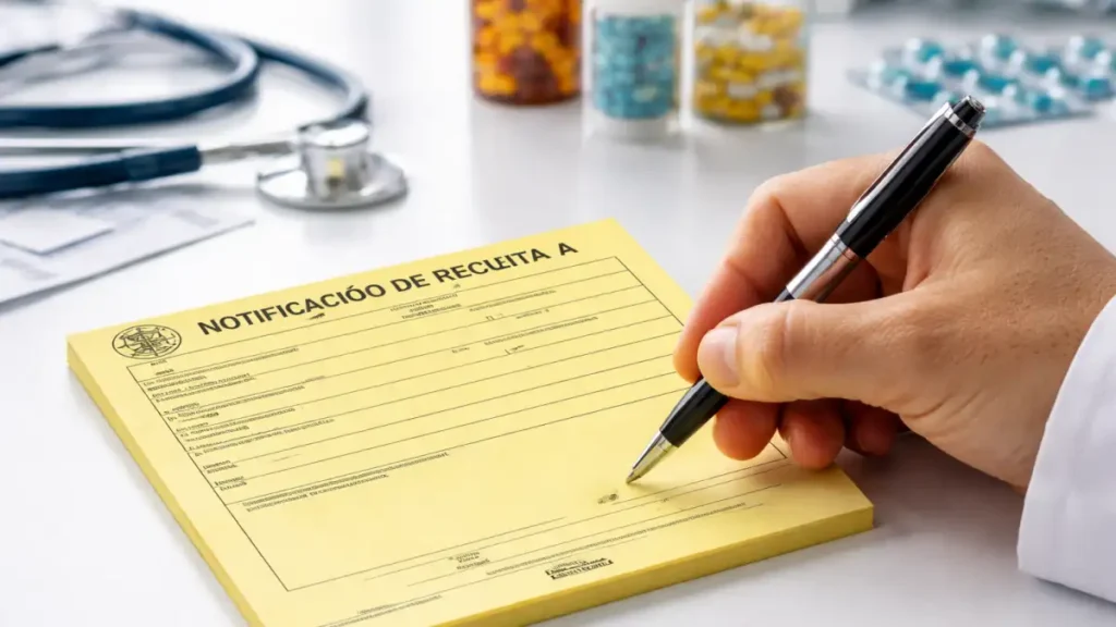 Mão de médico segurando caneta para assinar bloco de Notificação de Receita A amarela sobre mesa de consultório