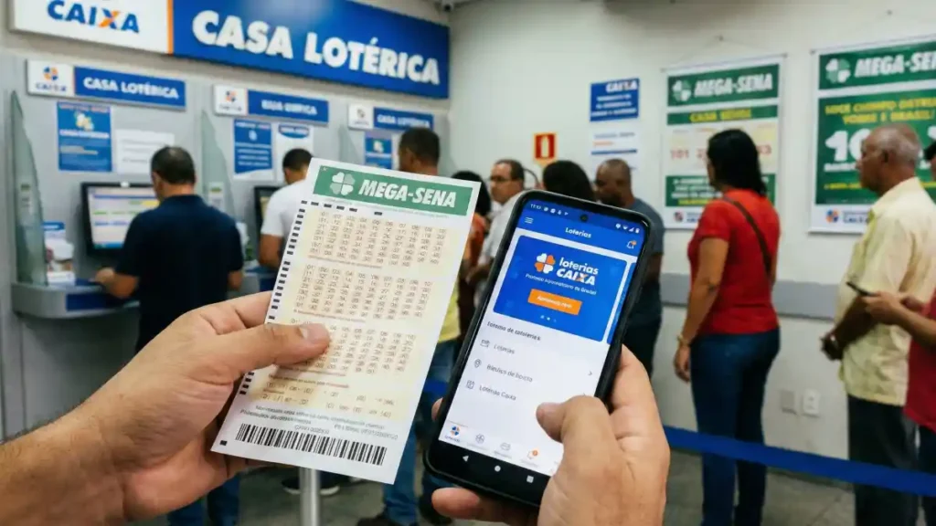 Mãos seguram volante da Mega-Sena e celular com o app Loterias CAIXA em uma casa lotérica, com pessoas ao fundo