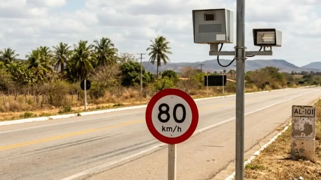 Radar de velocidade instalado à margem de rodovia em Alagoas com placa de limite 80 km/h