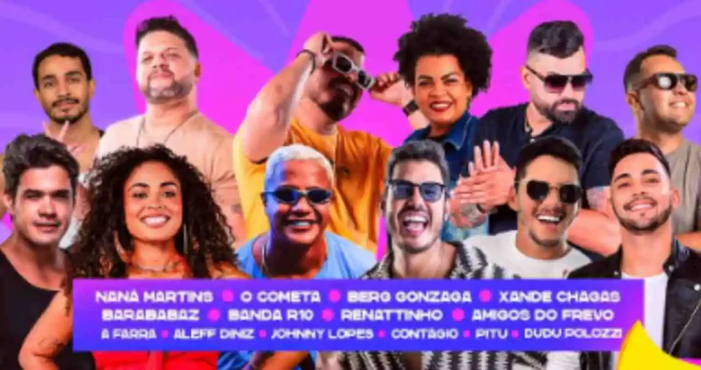 Cartaz oficial do "Carnaval Toca Pra Folia 2026" em União dos Palmares. O fundo é roxo com ondas amarelas e rosas. Ao centro, um grupo de 13 artistas sorri para a foto. Abaixo deles, uma tarja roxa lista nomes como Naná Martins, O Cometa, Berg Gonzaga e Xande Chagas. No topo, as datas "15, 16 e 17 de fevereiro".