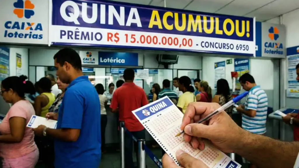 Apostador marca volante da Quina em casa lotérica, com faixa “Quina acumulou” e prêmio de R$ 15 milhões no concurso 6950 ao fundo