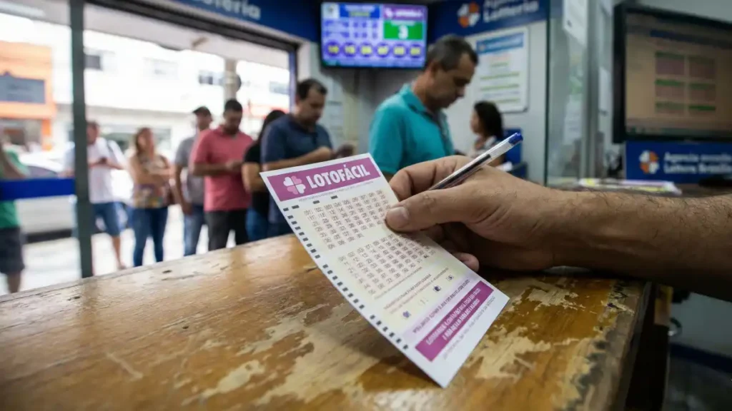 Apostador segura volante da Lotofácil em balcão de lotérica, com fila de clientes ao fundo