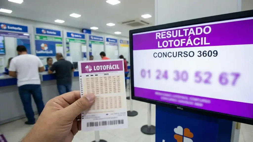 Apostador segura volante da Lotofácil dentro de lotérica enquanto tela exibe resultado do concurso 3609