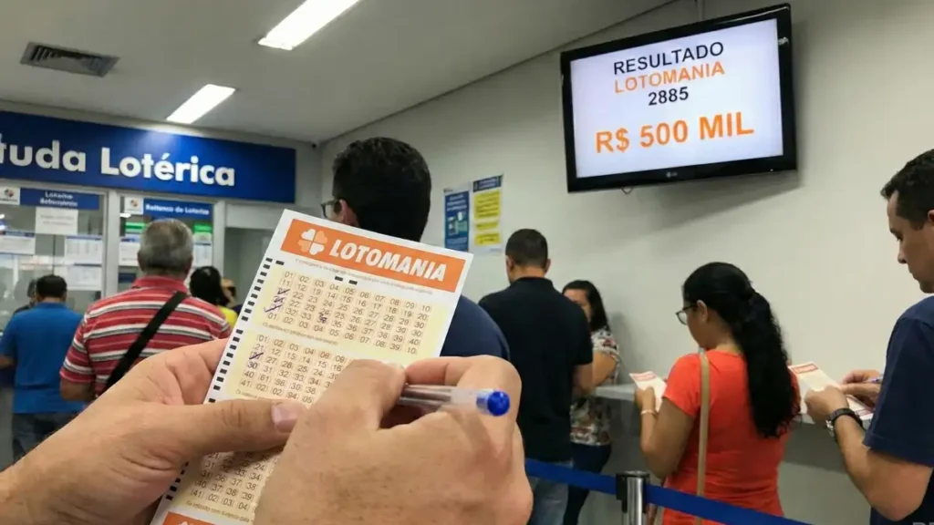 Apostador segura um volante da Lotomania e marca números com caneta dentro de uma lotérica; ao fundo, aparece um painel com “Resultado Lotomania 2885” e o prêmio de “R$ 500 mil”.