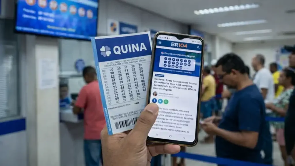 Mão segura um bilhete da Quina ao lado de um celular aberto no site BR104 dentro de uma lotérica; pessoas aparecem desfocadas ao fundo.